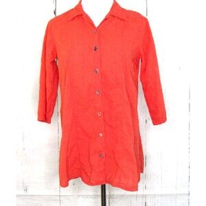 CMC Color Me Cotton Button Up Blouse 3/4 Sleeve Orange Textured Leaf Size S